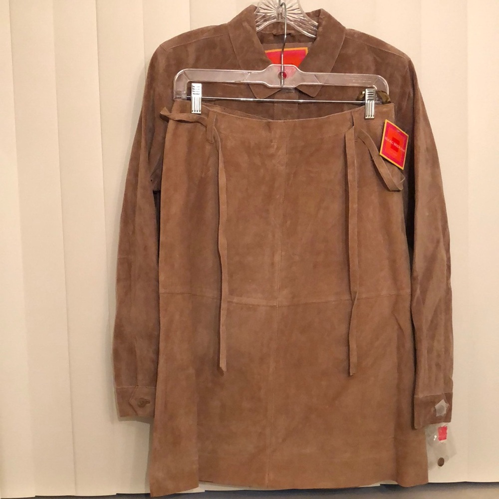 NWT ISAAC MIZRAHI GENUINE LEATHER SUEDE SIENNA CARAMEL SKIRT SET SZ 12/Large